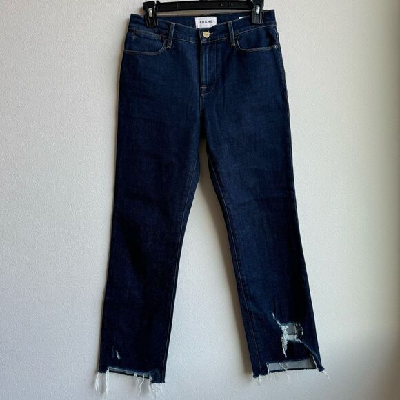 Frame Denim Le High Straight Solid Dark Wash Raw Step Hem Bronx Chew Size 26 - Picture 1 of 9
